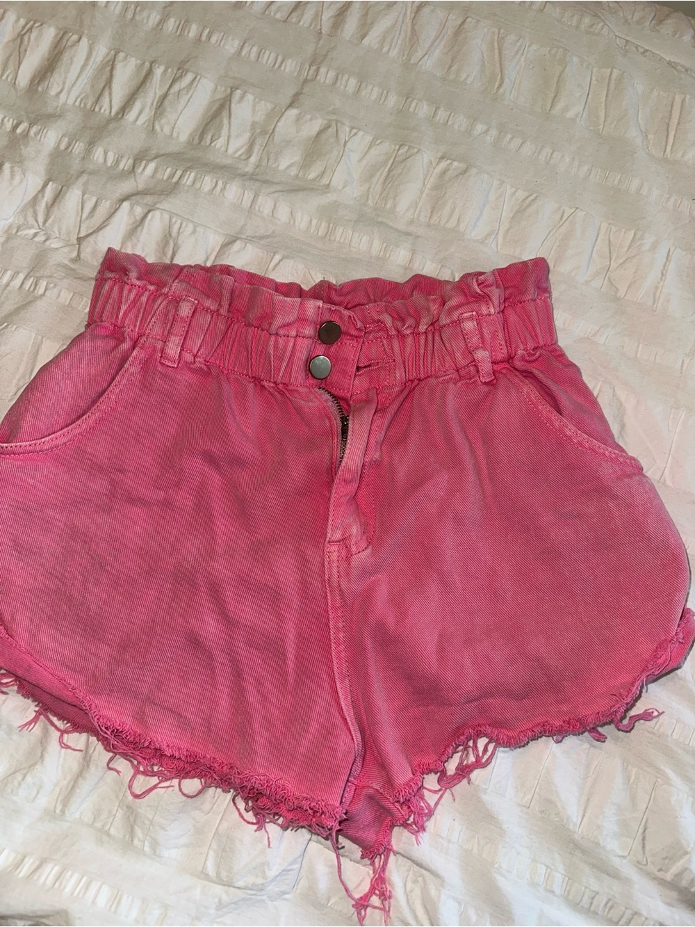 Day + Moon Pink Paperbag Waist Frayed Denim Shorts S